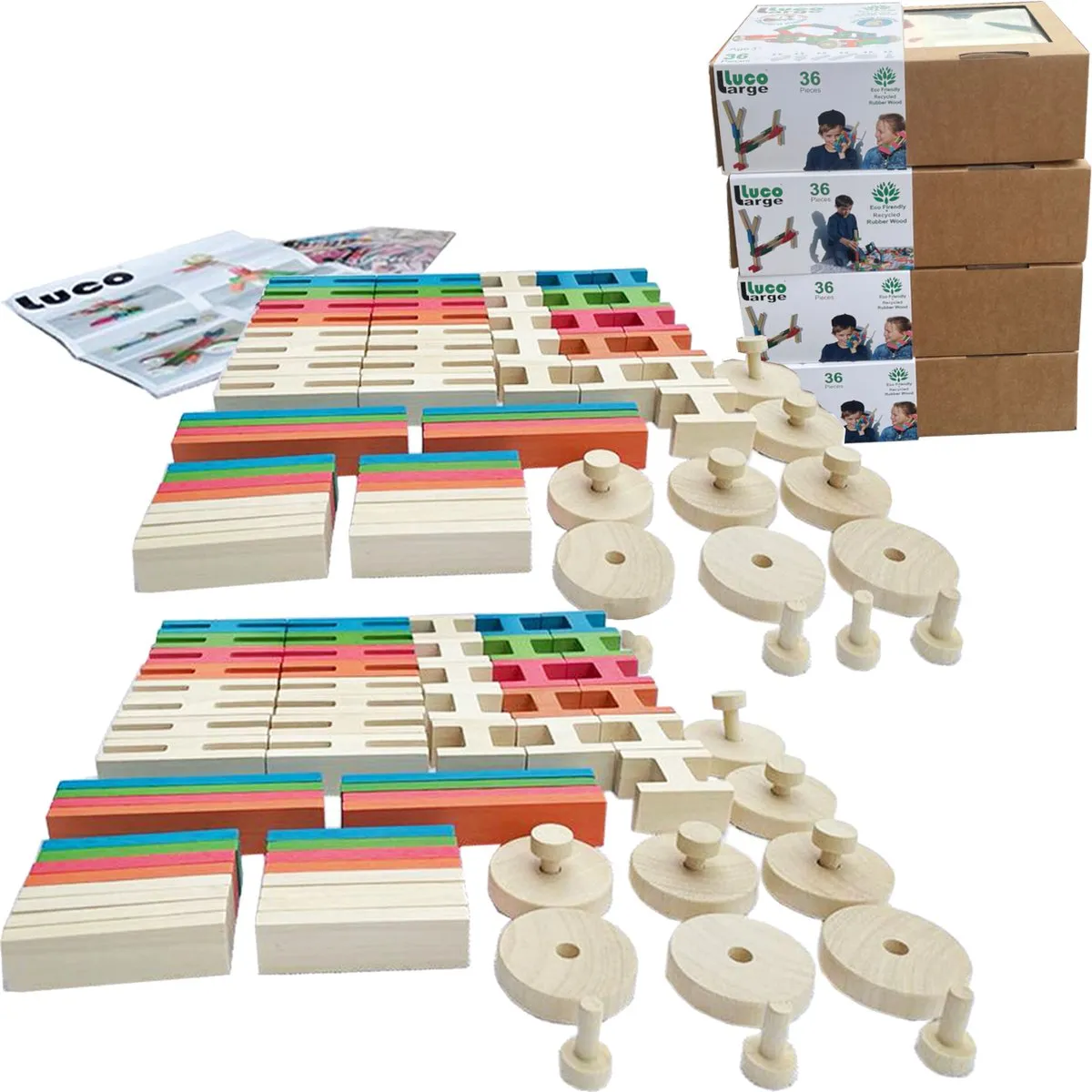Luco Large ECO Blokken en plankjes. Met verbindingsstukken en wielen, past op KAPLA, Bblocks. Duurzame constructieset hout. 144 elementen. speelgoed