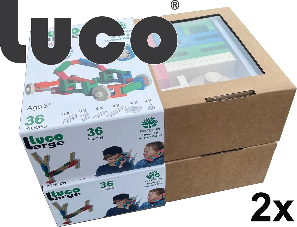 Luco Large ECO Blokken en plankjes. Met verbindingsstukken en wielen, past op KAPLA, Bblocks. Duurzame constructieset hout. 72 elementen. speelgoed