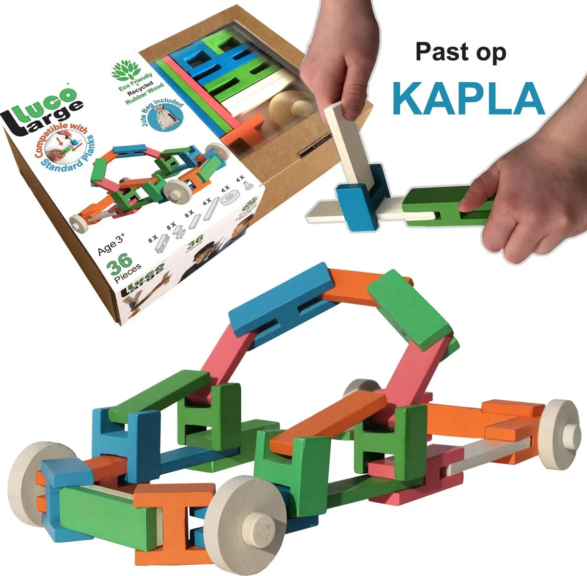 Luco Large ECO houten speel Blokken, plankjes en WIELEN. Uitbreiding voor #KAPLA. Duurzame constructieset. 36 elementen. speelgoed