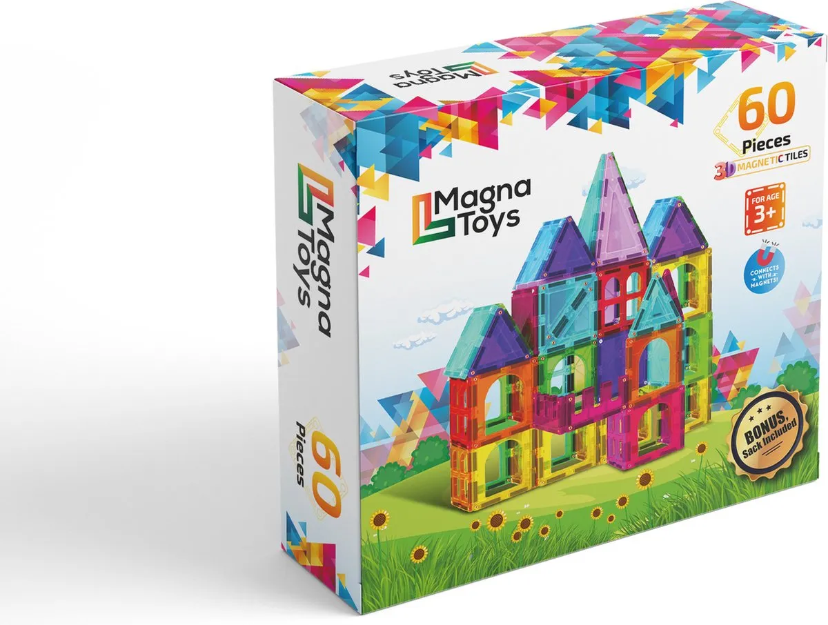 Magna Toys Magnetische Tegels – Magnetisch Speelgoed – Bouwset – Deluxe Set - 60-Delig – Magnetic tiles - Mags, Magna tiles speelgoed