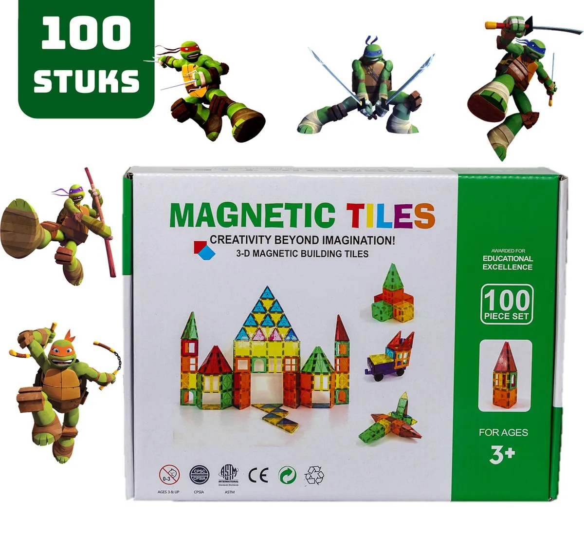 Magnetic Tiles - Magnaminds - Magna tiles - Magnetisch Speelgoed – 100 stuks - Constructie speelgoed - Magnetische tegels - Montessori speelgoed - Magnetic toys - Magnetische bouwstenen - Speelgoed 3-12 jaar - Magnetische Bouwblokken - Ninja turtles speelgoed
