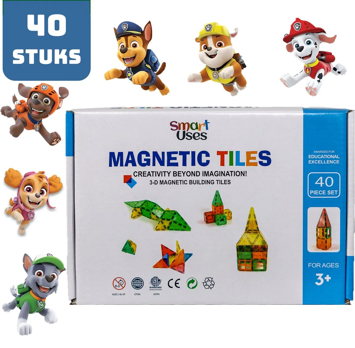 Magnetic Tiles - Magnaminds - Magna tiles - Magnetisch Speelgoed – 40 stuks - Constructie speelgoed - Magnetische tegels - Montessori speelgoed - Magnetic toys - Magnetische bouwstenen - Speelgoed 3-12 jaar - Magnetische Bouwblokken - Paw Patrol speelgoed