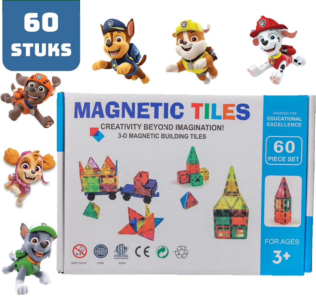 Magnetic Tiles - Magnaminds - Magna tiles - Magnetisch Speelgoed – 60 stuks - Constructie speelgoed - Magnetische tegels - Montessori speelgoed - Magnetic toys - Magnetische bouwstenen - Speelgoed 3-12 jaar - Magnetische Bouwblokken - Paw Patrol speelgoed
