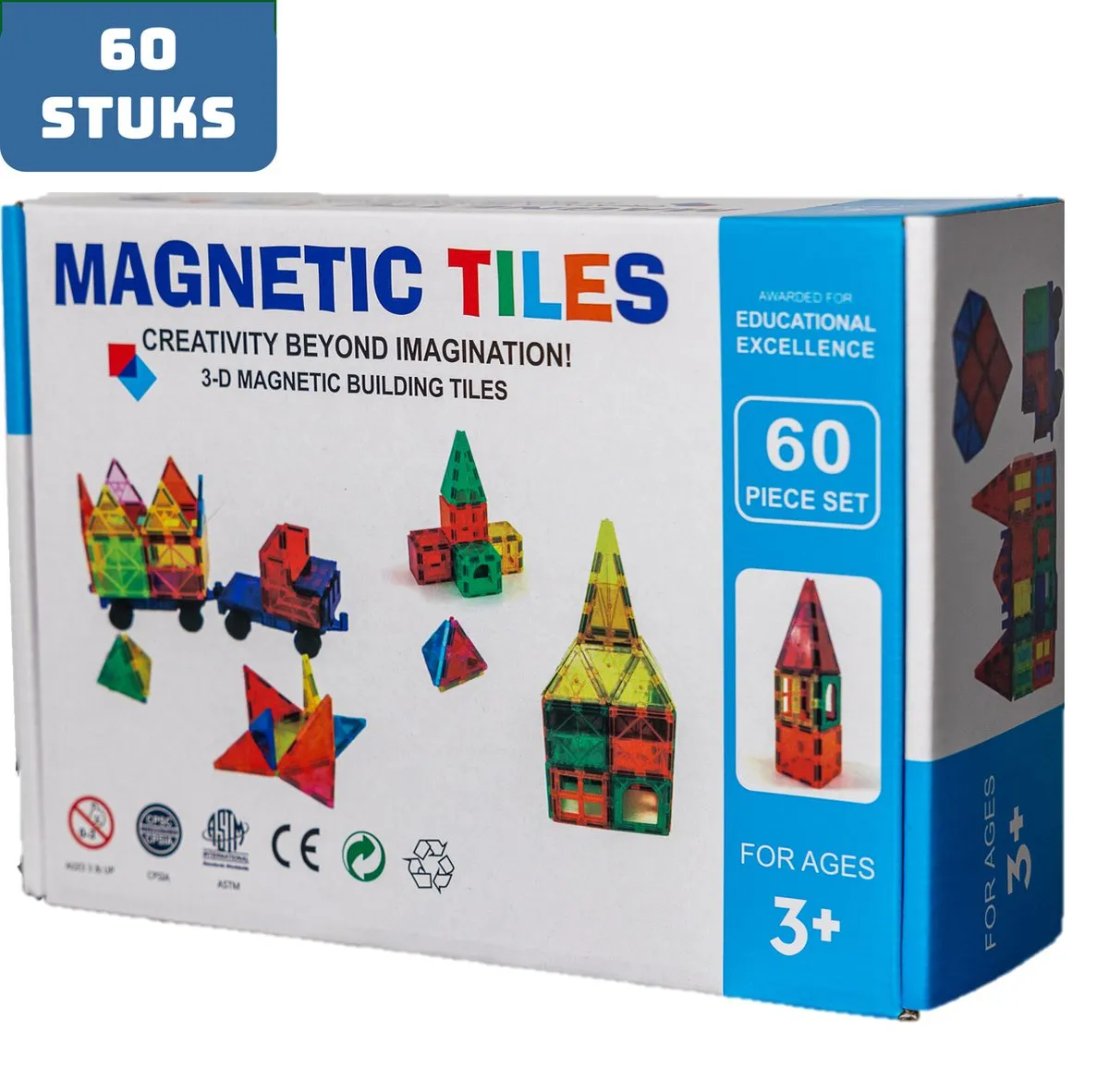 Magnetic Tiles - Magnaminds - Magna tiles - Magnetisch Speelgoed – 60 stuks - Constructie speelgoed - Magnetische tegels - Montessori speelgoed - Magnetic toys - Magnetische bouwstenen - Speelgoed 3-12 jaar - Magnetische Bouwblokken speelgoed