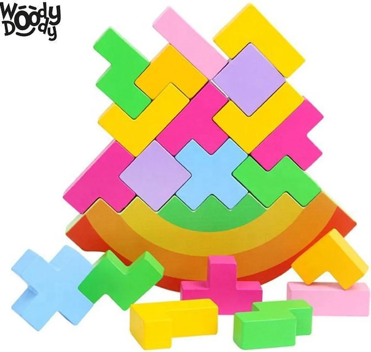Montessori Tetris Balanceer Puzzel Groot 18cm - Educatief Speelgoed voor Balans - Tangram Tetris Stapelspeelgoed - Motoriek en Cognitief Spel - Stapel Speelgoed Blokken - WoodyDoody speelgoed