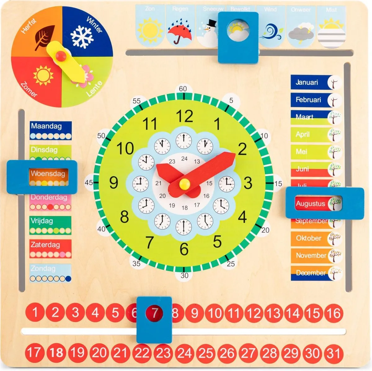 New Classic Toys Houten Kalenderklok - Leer Klokkijken - Weet jij welke dag het is? Hoe laat is het? Schijnt de zon? speelgoed