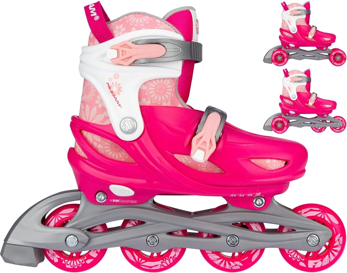 Nijdam 3-in-1 Inline Skates Verstelbaar - Floral Switch - Fuchsia/Wit/Roze/Zilvergrijs - 29-32 speelgoed