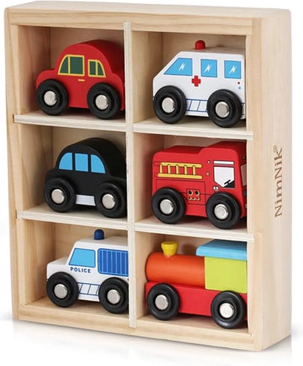 NimNik - Houten auto - Set 6 auto's - Kinder speelgoed - Duurzaam - kado