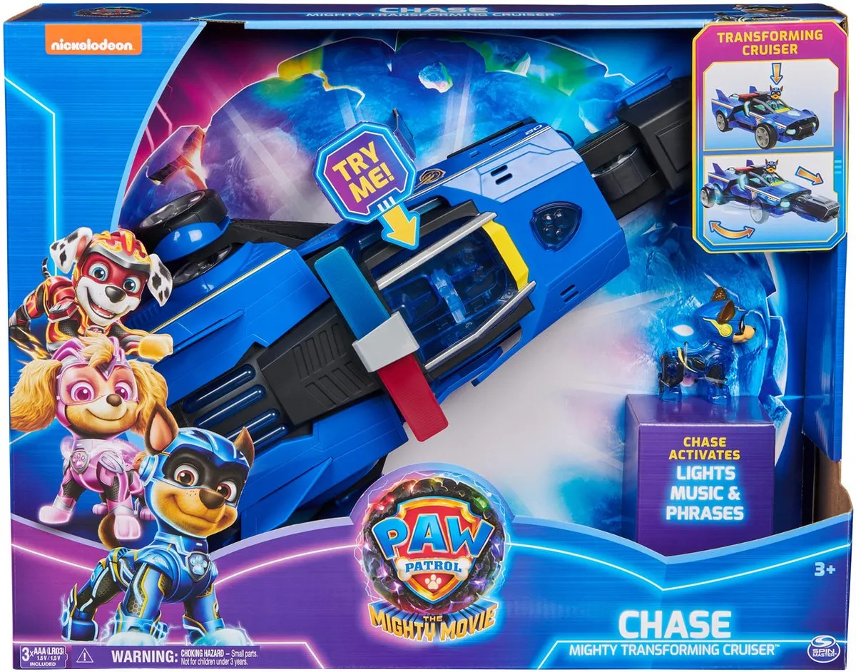 PAW Patrol The Mighty Movie - Chase's Raceauto - Transformerende-speelgoedauto met licht en geluid - inclusief Chase-actiefiguur speelgoed