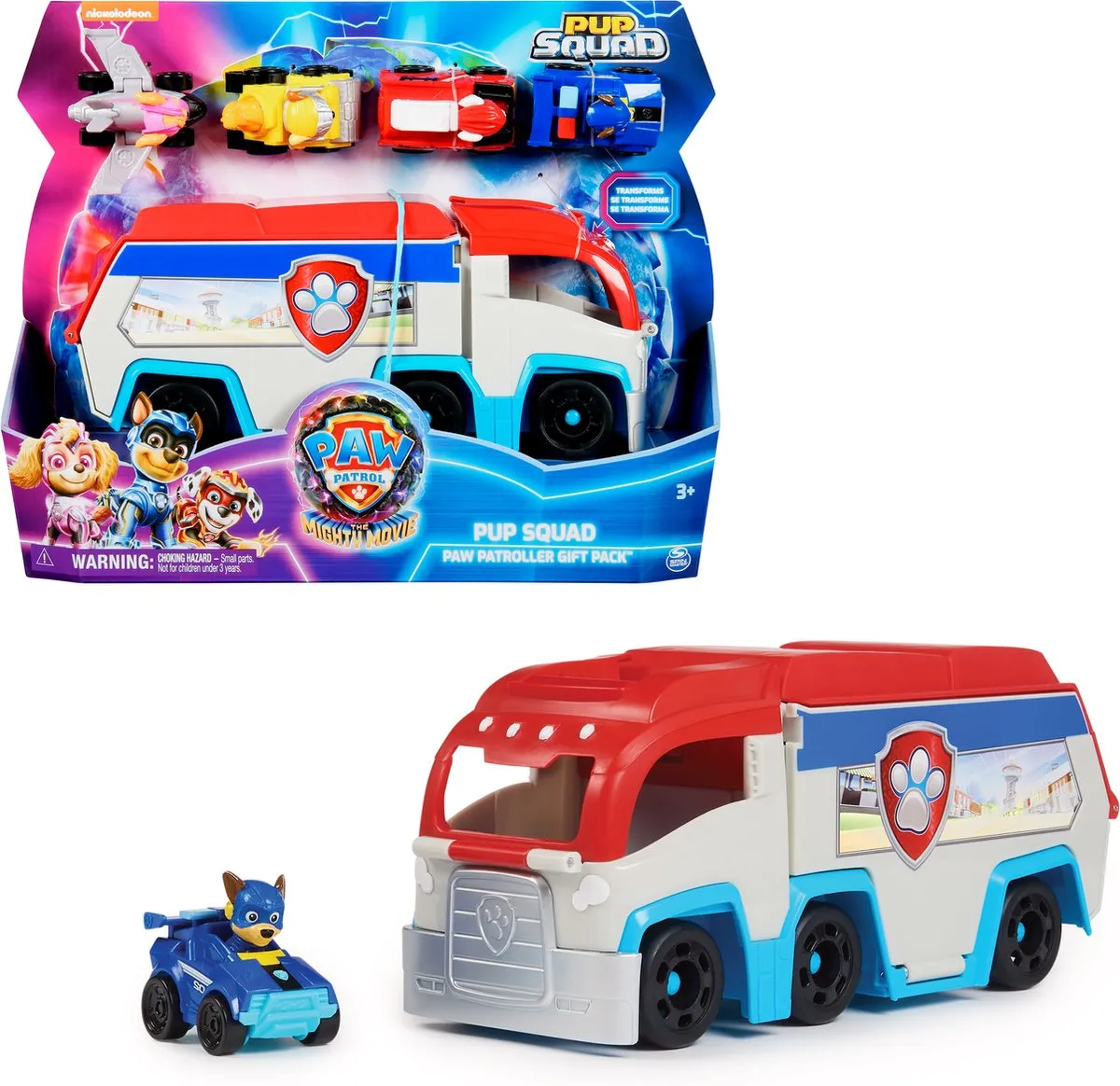 PAW Patrol The Mighty Movie - Pup Squad Patroller speelgoedtruck met Mighty Pups Chase Squad speelgoedauto speelgoed