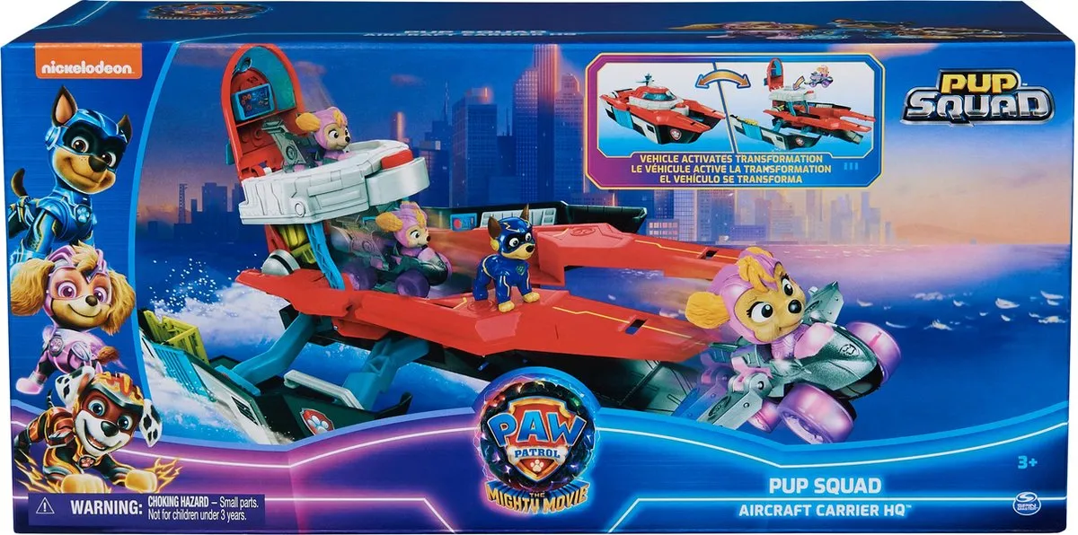 PAW Patrol The Mighty Movie - Pup Squad Transformerend Vliegdekschip Hoofdkwartier met Chase en Skye Pup Squad Racer-speelgoedauto speelgoed
