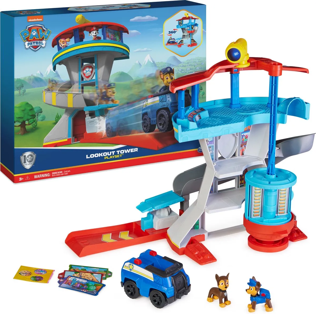 PAW Patrol - Uitkijktoren-speelset met voertuigwerper 2 Chase-actiefiguren de politieauto van Chase en accessoires speelgoed