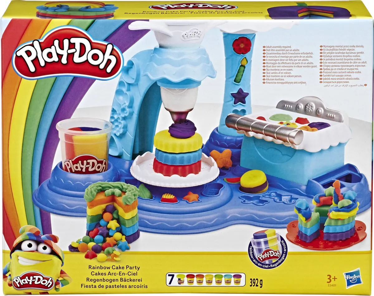 Play-Doh regenboogtaartenfeest, speelset met 7 niet-giftige kleuren en 3-in-1 regenboogklei speelgoed