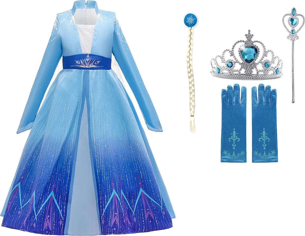 Prinsessenjurk meisje - Frozen -Elsa blauwe jurk 110/116 (120) + Tiara / Toverstaf- Elsa vlecht - handschoenen- Verkleedjurk - Verkleedkleding kind speelgoed