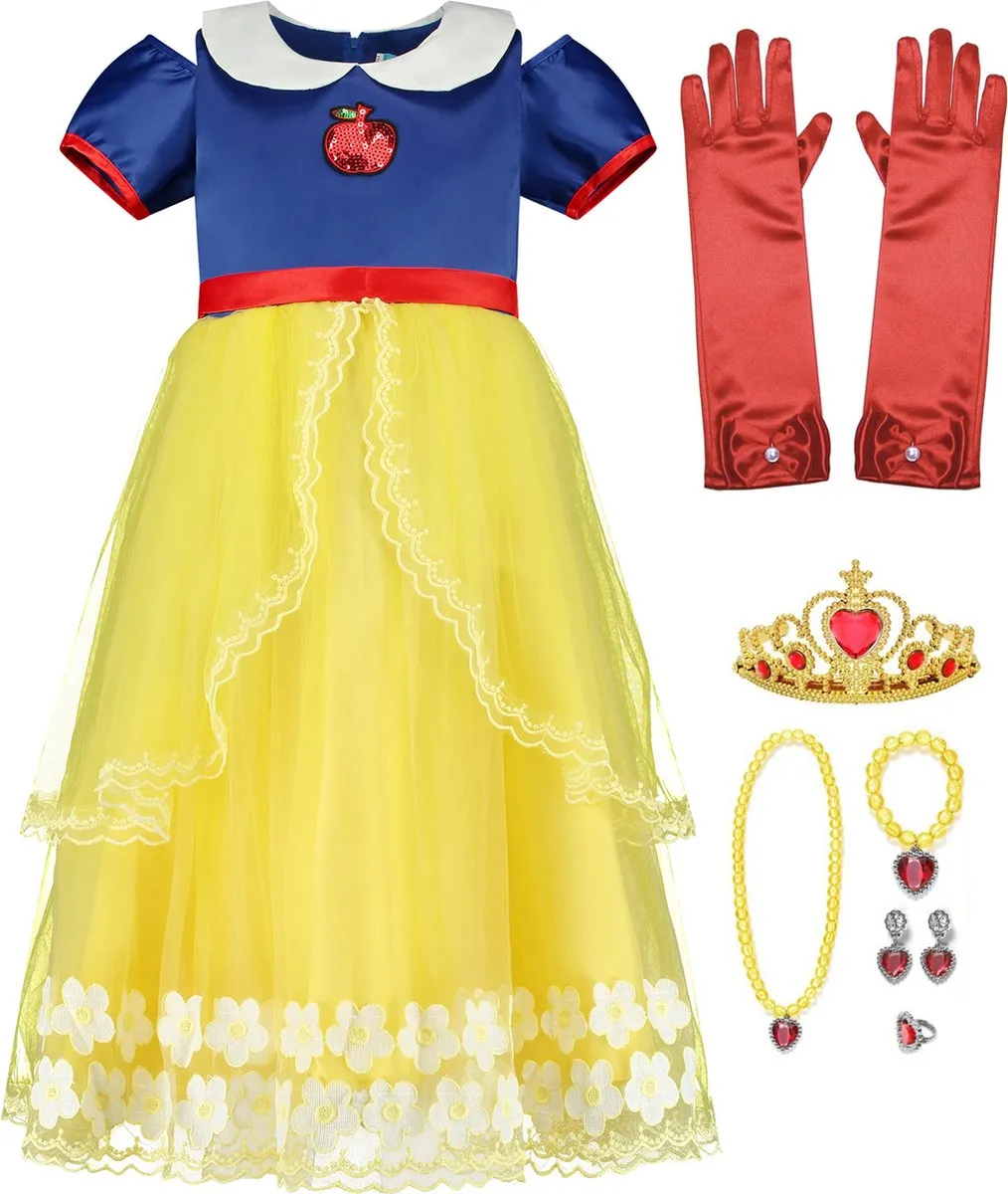 Prinsessenjurk meisje - Sneeuwwitje  - Verkleedjurk met rode cape - 104/110 (110) - Prinsessen Speelgoed speelgoed