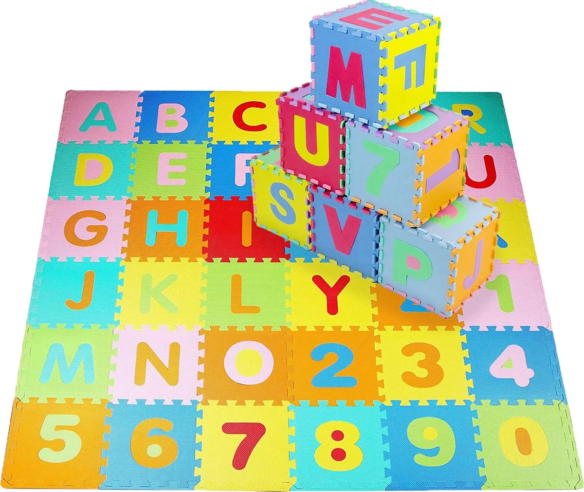 Speelmat XL - 86-delig Alfabet Puzzel van Schuim Vloer Tegels met Letters en Cijfers - 180x180 cm - Zacht en Dik EVA Foam - Antislip en Waterafstotend - Educatief Speel Kleed voor Baby/Peuters/Kinderen vanaf 0 jaar - Jongens en Meisjes speelgoed