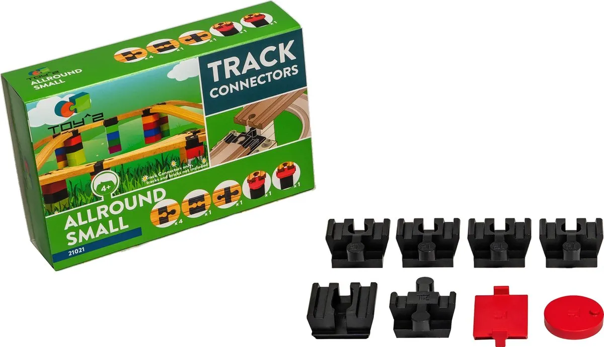Toy2 Track Connectors - Allround Small. Verbind LEGO DUPLO© blokken met houten treinrails van BRIO©, IKEA, etc. speelgoed
