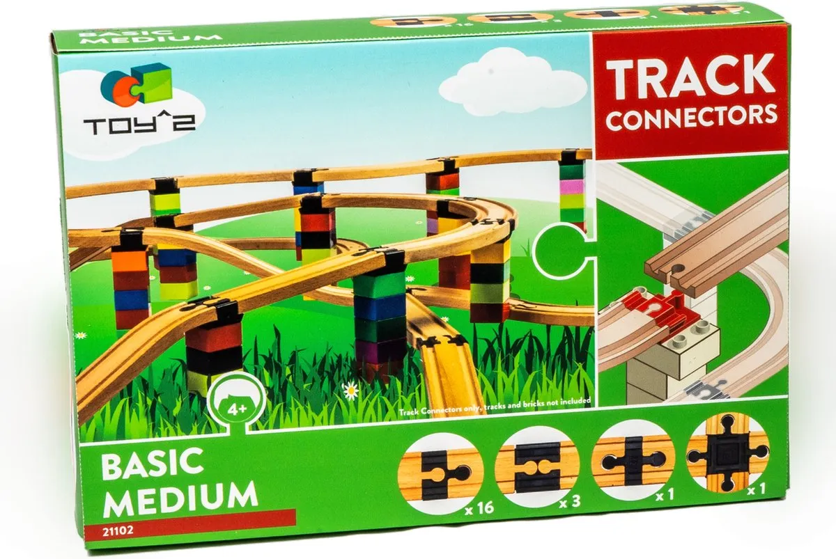 Toy2 Track Connectors - Basic Medium. Verbind LEGO DUPLO© blokken met houten treinrails van BRIO©, IKEA, etc. speelgoed