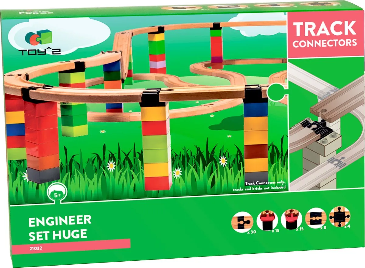 Toy2 Track Connectors Engineer Set Huge Treinbaanonderdelen - Houten Treinbaan - Voor LEGO DUPLO©, BRIO©, IKEA speelgoed