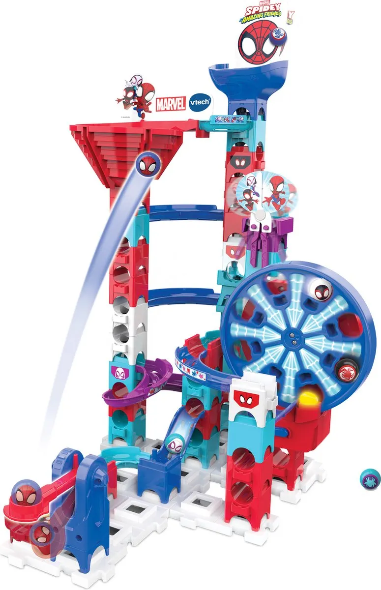 VTech Marble Rush Spidey Super challenge SP300E - Speelgoed Knikkerbaan - 65 Onderdelen - Met Licht- en Geluidseffecten - Inclusief 6 Knikkers - Vanaf 4 Jaar speelgoed