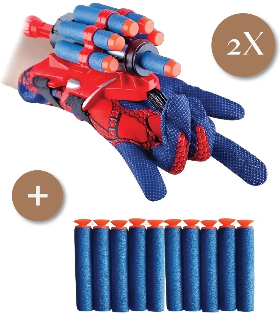 Waay Lifestyle Spiderman Web Shooter - Nerf editie - 2 x Spiderman Handschoen - 2 x Spiderman Web Shooter - Incl. 20 Nerf pijltjes - Nerf Gun - Spiderman Speelgoed - Spiderman launcher - Blauw Rood - Carnaval - Carnavals Accessoires speelgoed