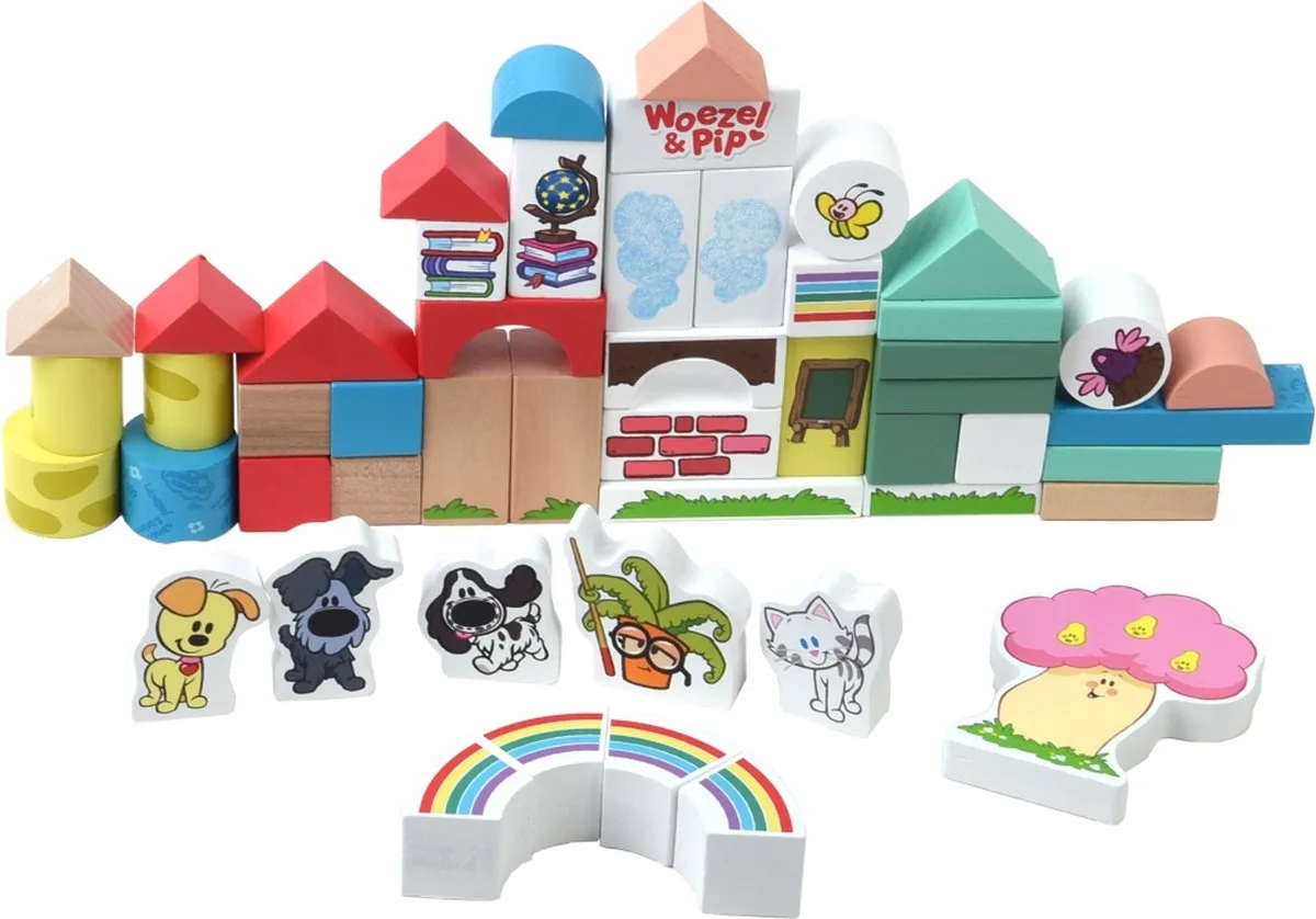 Woezel en Pip houten blokken - Blokken - 50 delig - Vrolijke kleueren - Verschillende vormen speelgoed